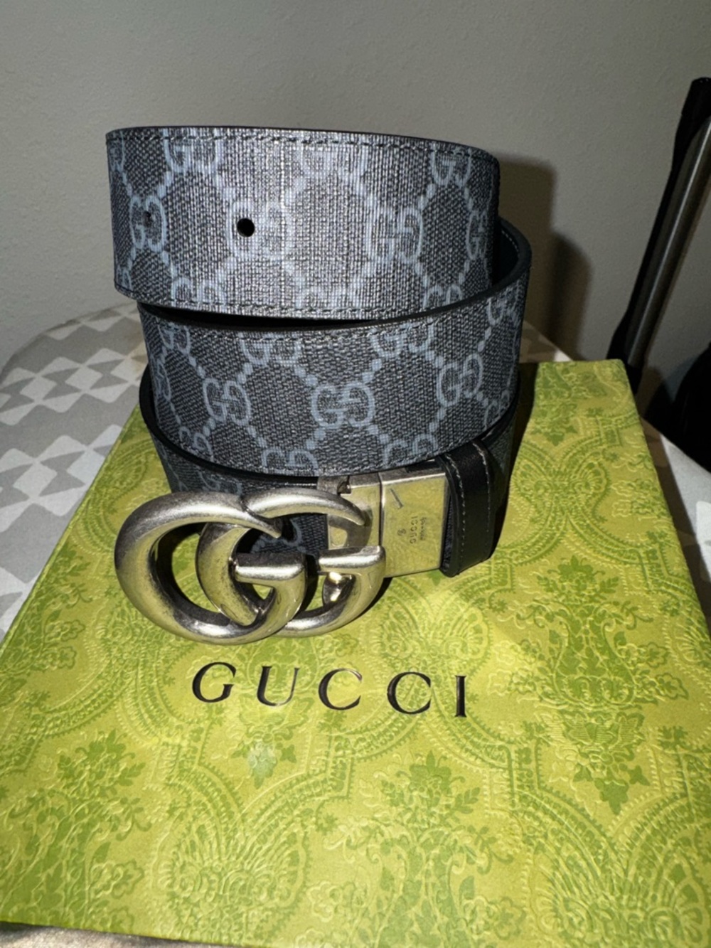 Gucci Men's Gray & Black GG Supreme Belt with Double G Buckle
